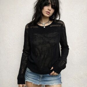 Style & Co Black Open Knit Sweater Mesh Knit Top L Indie Sleaze Grunge